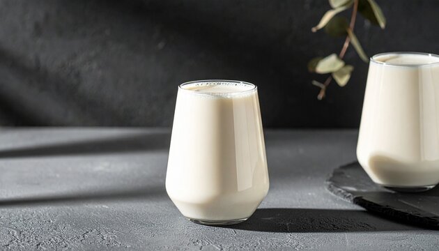 Glass of milk. Simple dairy drink in a clear tumbler, neutral gray background, clean studio still life, natural minimal food image.
