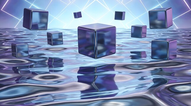 Abstract 3D cubes with reflective surfaces float on a rippling liquid plane illuminated by futuristic blue and purple neon geometric lights