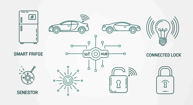Flat lay of various smart home and technology icons with labels on a white background.