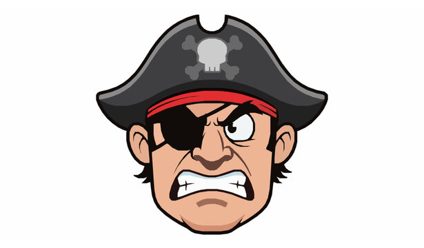 Cartoon angry pirate face vector character with eye patch isolated on white background