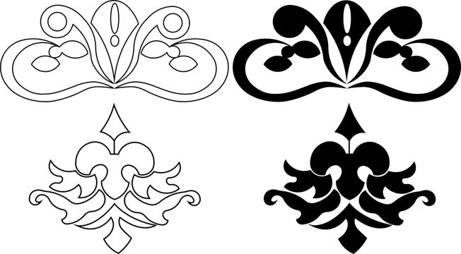 Vintage black and white floral element set featuring ornate vector illustrations of flowers, leaves, and scrolls for tattoo art or decorative frame design
