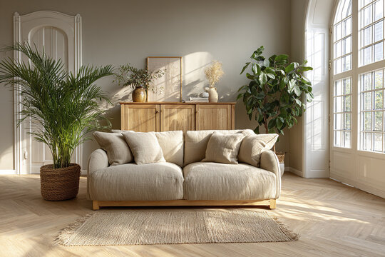 Bright beige sofa with cushions in cozy living room featuring wooden sideboard, large green plants, natural light from tall windows, and textured rug on wooden floor