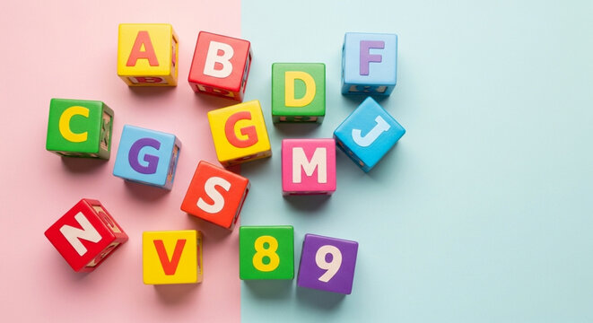Colorful alphabet and number blocks scattered on a split pink and blue background, top view of educational toys for children