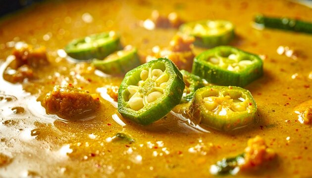 Okra stew close up. Vibrant okra stew close up with sliced okra in a rich broth, great for authentic cuisine, home cooking, and food branding.
