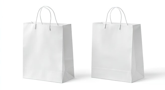 Two plain white paper shopping bags with string handles, isolated on white