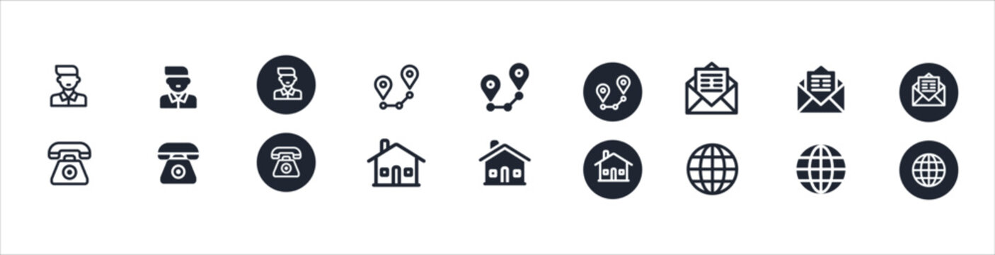 Business and web icon set with communication, location, and finance symbols on light background. Minimal UI elements including phone, chat, email, map, bank, and analytics icons. Clean line vector col