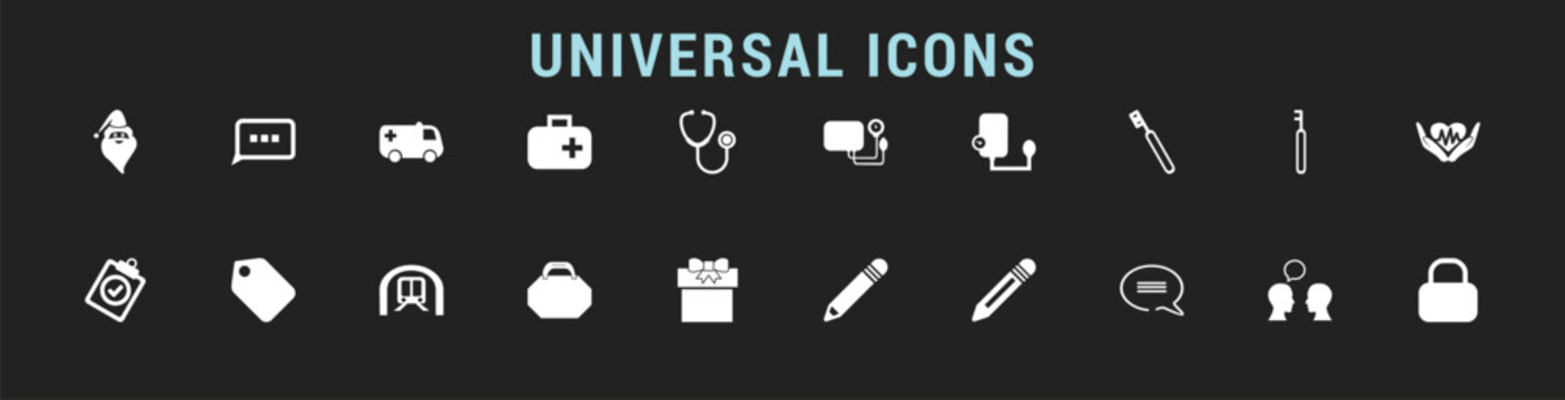 Universal icon set with media, device, and UI symbols on dark background. Minimal elements including battery, cloud, camera, chat, and tool icons. Clean outline vector collection for web and app inter