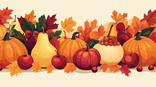 Autumn harvest pumpkins apples and leaves