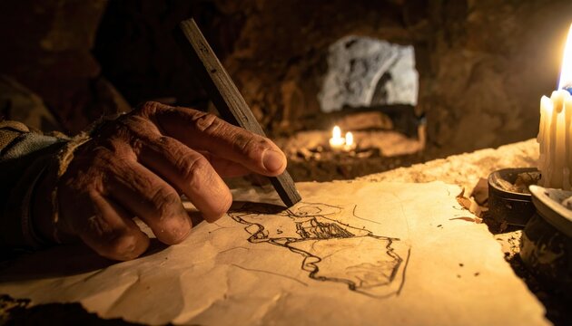 An ancient hand sketches a rudimentary map on salvaged paper using charcoal by the warm glow of fire in a cave setting.