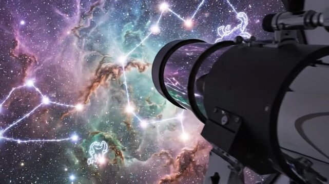 Telescope Observing Colorful Nebula and Star Constellations in Deep Space