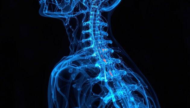 Human cervical spine and nervous system are displayed in a digital glowing visualization.