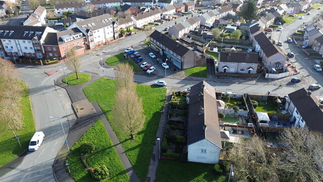 aerial view of suburban housing estate in UK, Warrington, St helens with residential homes