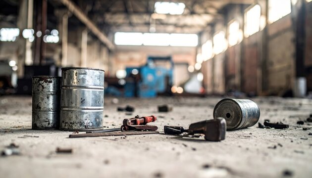 Abandoned Industrial Space Filled With Scavenged Metal Containers and Improvised Tools on Dusty Floor