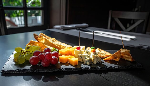 Artisanal Cheese Platter with Grapes and Baguette Slices on a Dark Table