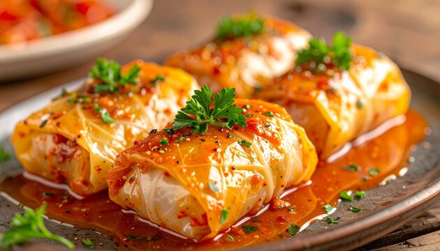 Sarma rolls. Homemade cabbage rolls simmered in savory sauce, a traditional Balkan style dish with rich texture and warm rustic styling.