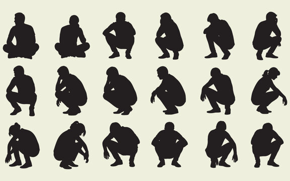Collection of human silhouettes in squatting position representing deep thinking and contemplation poses as vector graphic elements