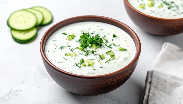 Tzatziki dip. Creamy Greek yogurt dip with cucumber and dill, fresh and light on a white background.