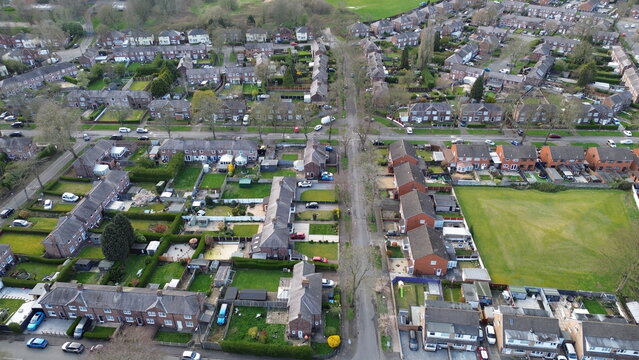 aerial view of suburban housing estate in UK, Warrington, St helens with residential homes