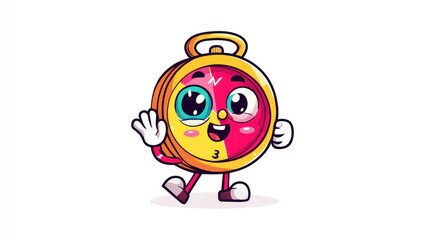 Fototapeta premium Cartoon clock character waving with a cheerful expression on white background