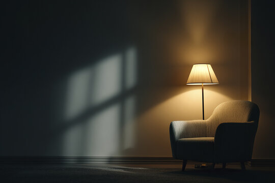 Cozy armchair illuminated by warm floor lamp light in dimly lit room with window shadows creating calm and inviting atmosphere for relaxation and comfort