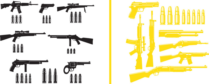 Vector silhouette collection of various firearms including rifles pistols shotguns and ammunition for military tactical and infographic design