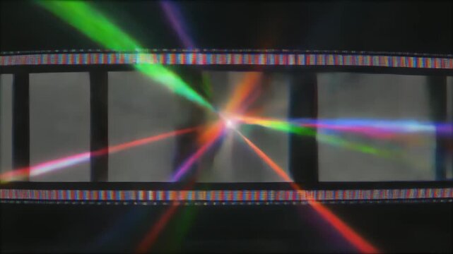 ホログラム光線が駆け抜けるネガフィルムのシネマティックデジタル背景