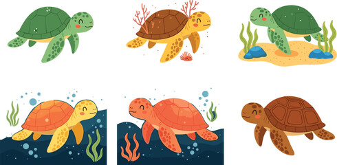 Obraz premium Cute Sea Turtle Cartoon Illustration Set with Different Poses and Underwater Scenes for Marine Life Design, Children Education, and Ocean Wildlife Projects
