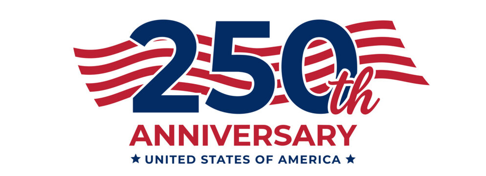 250th ANNIVERSARY UNITED STATES OF AMERICA Logo Design with Wavy Red Stripes and Blue Stars for the 2026 USA Semiquincentennial Celebration