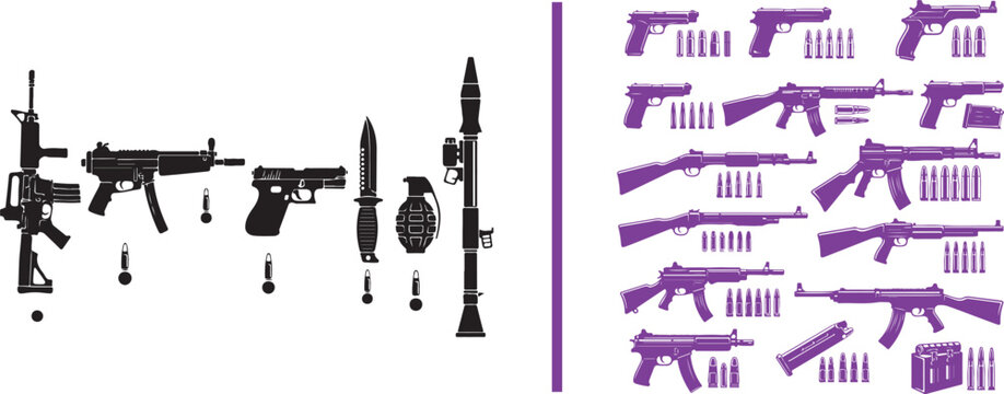 Weapon silhouettes vector set featuring assault rifles handguns grenades and ammunition for military and security graphics