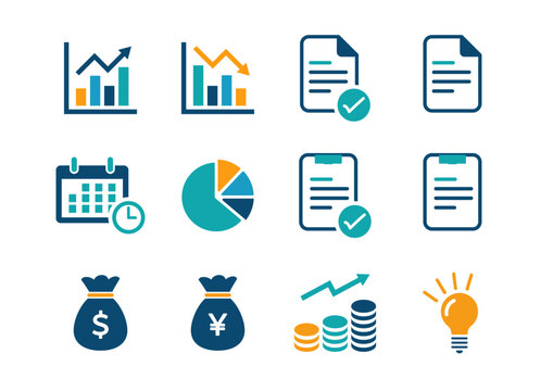Simple business analytics and management icon set with growth charts, documents, calendar, finance and idea symbols