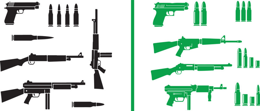 Vector silhouette collection of firearms and ammunition including pistols rifles and shotguns for military and security infographics
