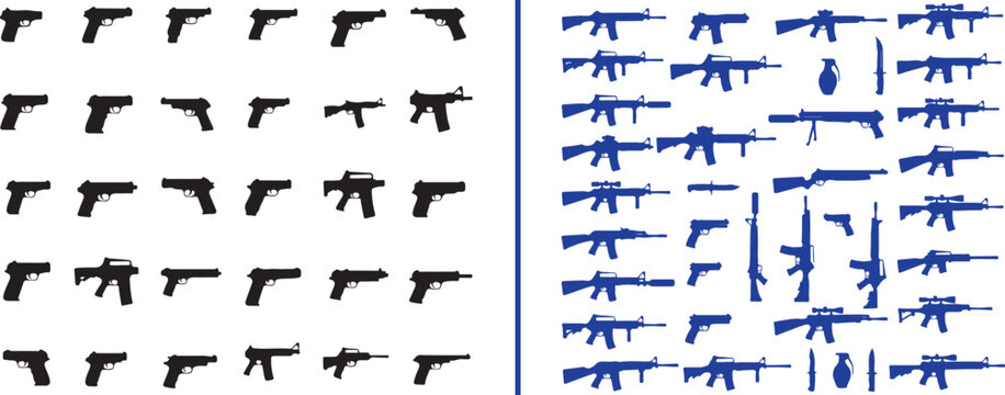 Gun silhouettes collection featuring pistols assault rifles shotguns and grenades vector illustration for military design