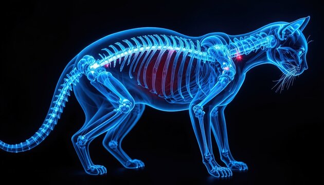Glowing blue skeleton of a feline displays internal anatomy against a black background.