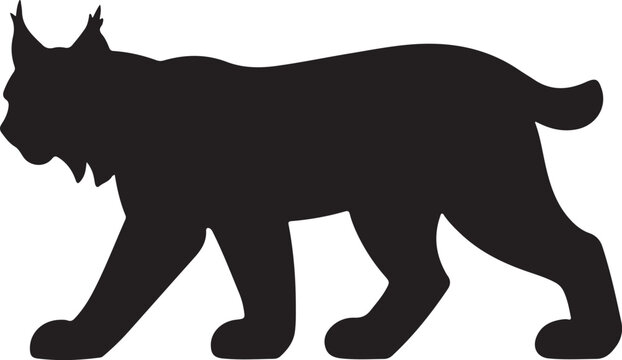 Black silhouette of a wild bobcat or lynx walking isolated on a solid white background Vector