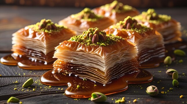 close-up of traditional baklava pieces with layered golden brown pastry and rich amber syrup dripping from the edges, placed on a dark rustic wooden background with subtle texture and warm undertones