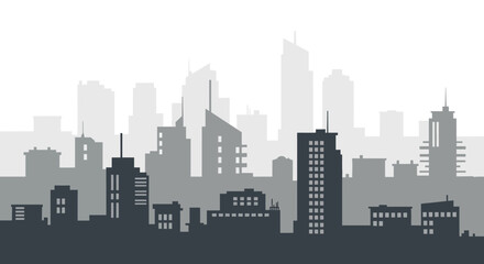 Fototapeta premium Modern city skyline illustration with a monochromatic silhouette of urban buildings in varying heights, showcasing a metropolitan landscape design and architectural development
