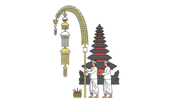 Balinese Men Carrying Penjor in Front of Hindu Temple