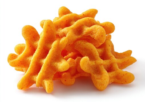 A piled heap of bright orange, crunchy, irregular shaped extruded snacks