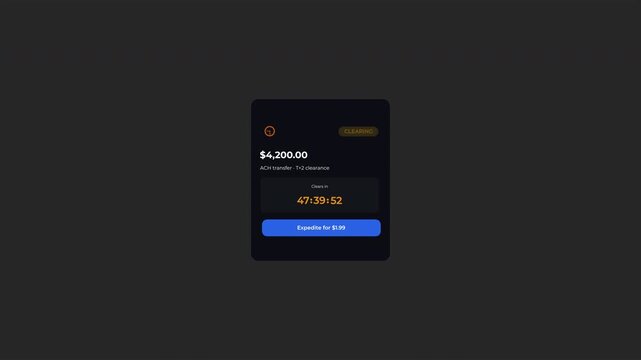 ACH transfer processing UI animation showing amount, pending status, timer, and expedite button. Represents payment clearing delay and processing flow for fintech dashboards.