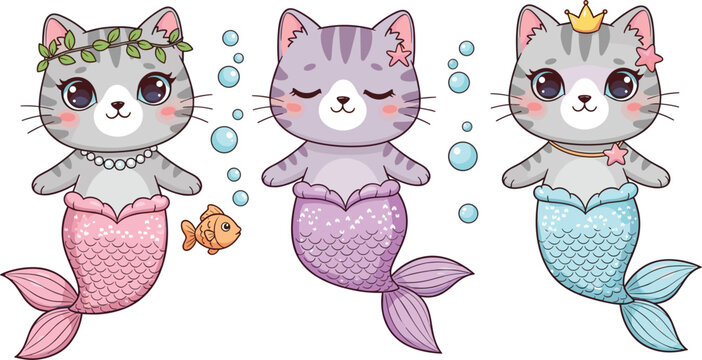 Adorable Kawaii Mermaid Cat Vector Set with Cute Mercats Featuring Pastel Tails, Bubbles, Crown, and Sea Accessories for Childrens Illustrations and Fantasy Designs