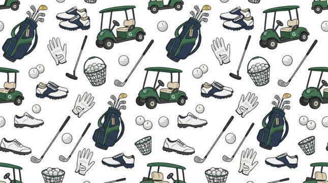 A seamless pattern featuring various golfing icons and accessories on a white background with a playful mood