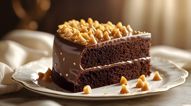 a decadent Chocolate truffle cake slice adorned with gold caramel chips, placed on a delicate white porcelain plate, with a subtle sheen to the caramel and a moist, rich texture to the cake