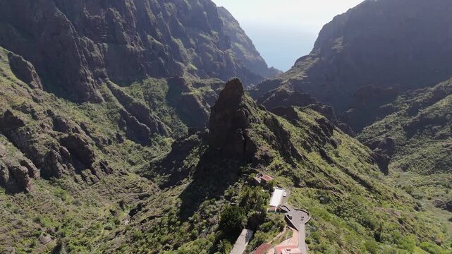 Aerial drone view of the mountains and cliffs and the tourist attraction of Masca village in western Tenerife