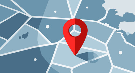 Red location pin pointing on a stylized abstract geographic map in blue and gray tones, navigation concept. © ZAENAL