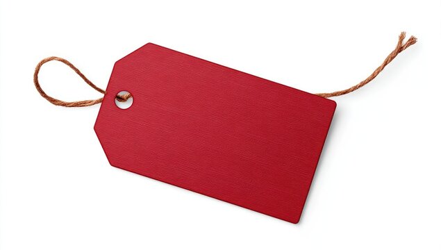 Blank crimson tag with twine loop, isolated on white, ready for labeling