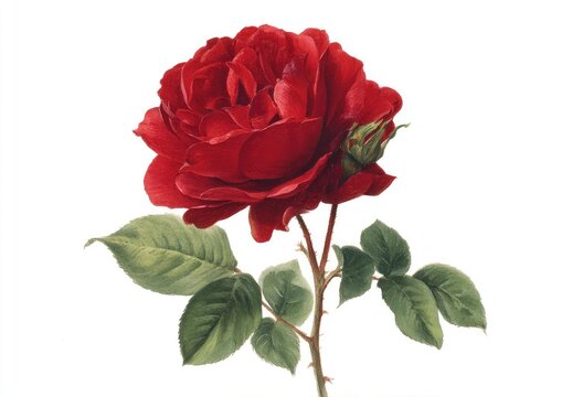 A vibrant red rose in full bloom with green leaves and a bud