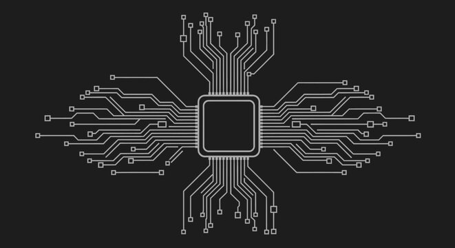 Microchip Processor with Electronic Circuit Lines on Black Background