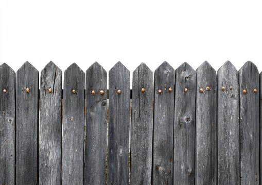 Weathered wooden picket fence, stark white background, rustic texture