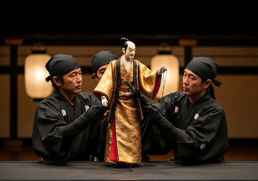 Traditional Japanese puppeteers meticulously operate a Bunraku puppet, showcasing ancient artistry