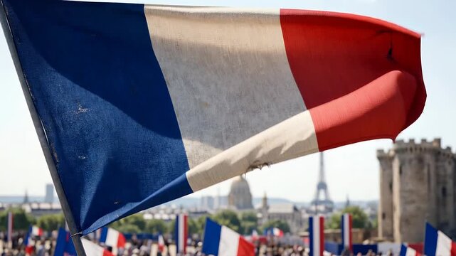 A large French flag waving proudly in the foreground with the Eiffel Tower and other Parisian landmarks in the background during a public gathering.